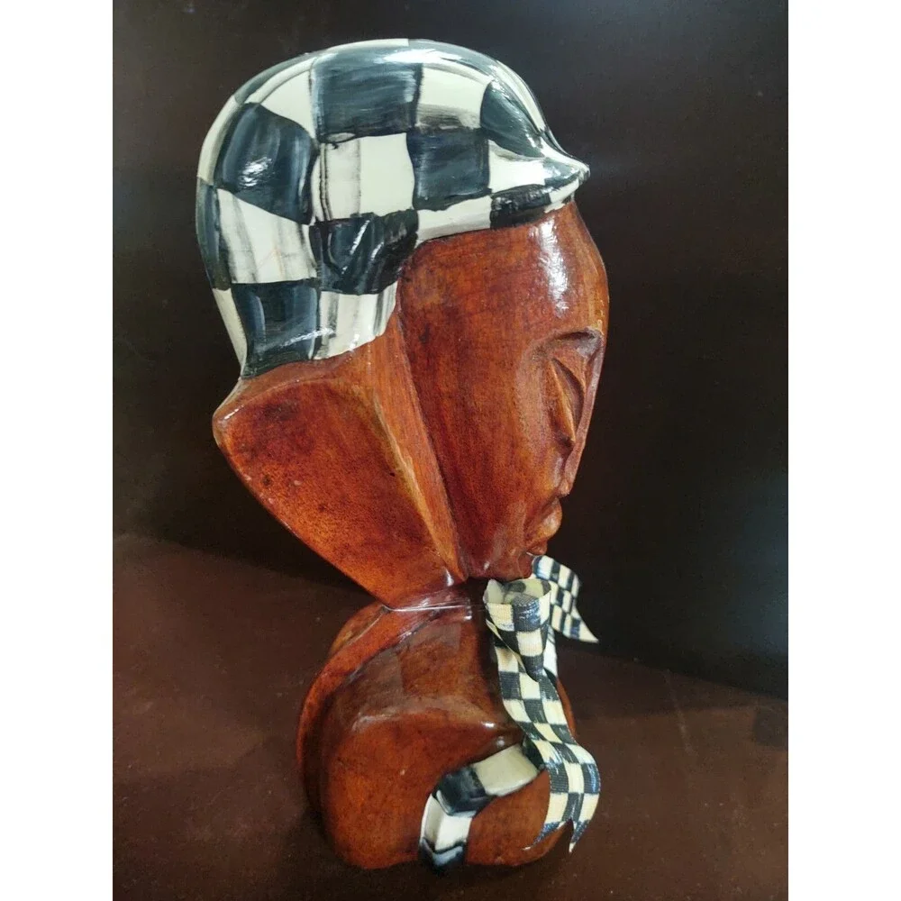 MY OWN HP Whimsical African Bust Sculpture Black & White Checkerboard Check